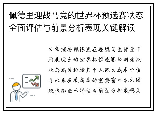 佩德里迎战马竞的世界杯预选赛状态全面评估与前景分析表现关键解读